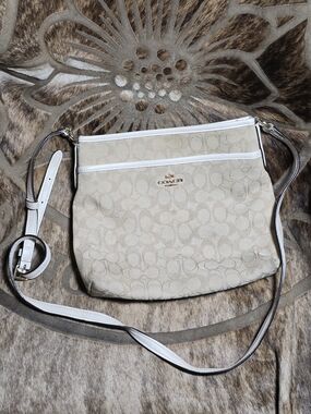 Used Coach Beige Signature Crossbody with White Trim